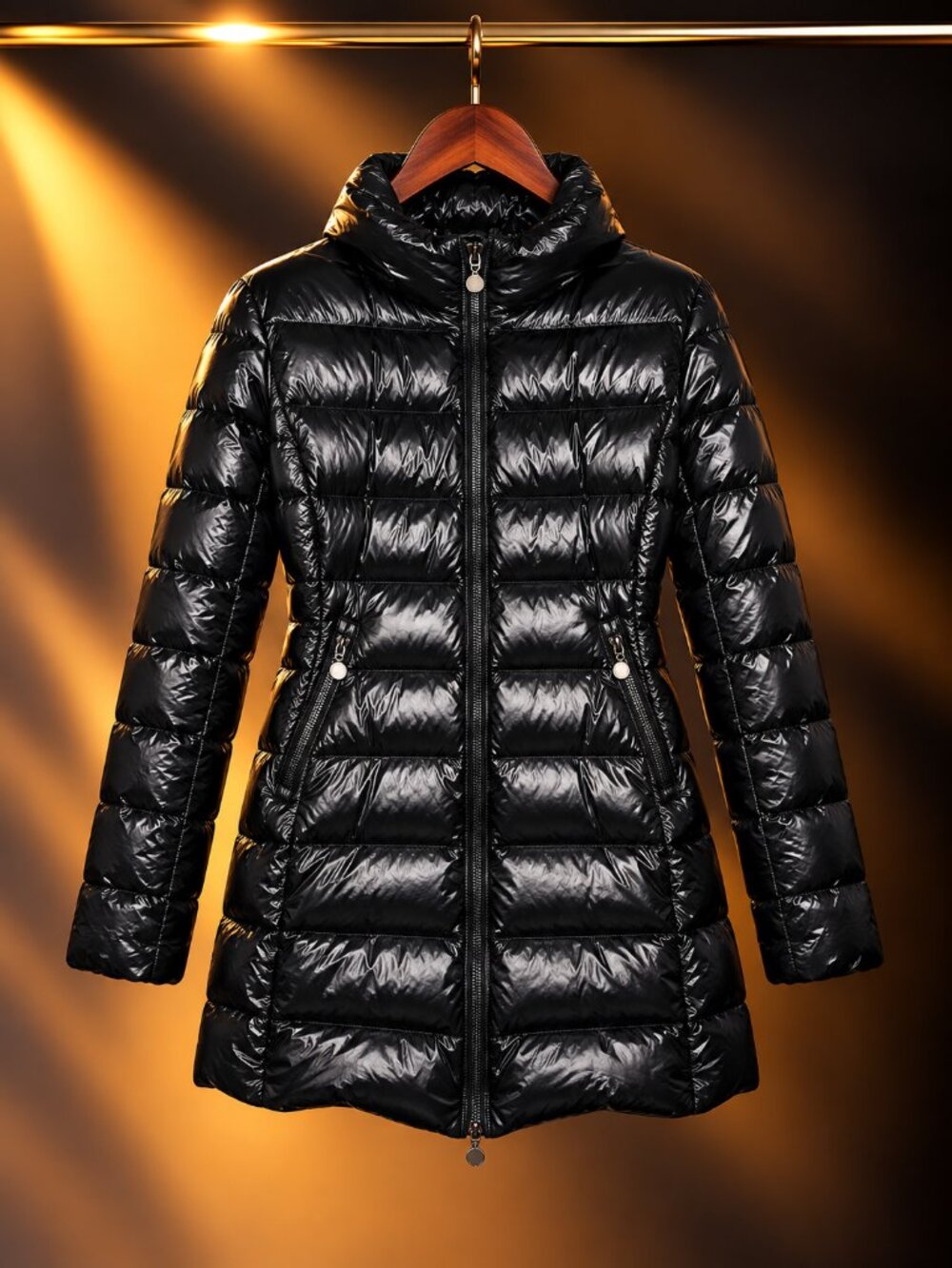 Snowman New York Black Glossy Long Down Puffer Coat Hooded Women's M